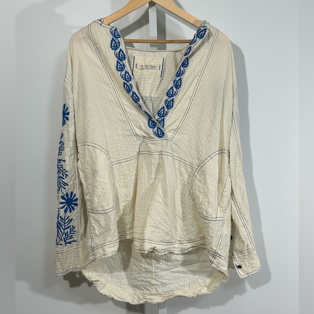 Free People Cream Hoodie with Blue Floral Embroidery - Picture 2 of 8
